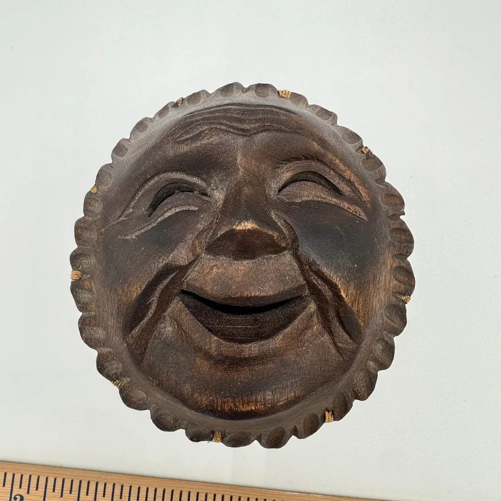 Vintage Hand Carved Wood Sun Face Trinket Box Woven Wicker Philippines Boho